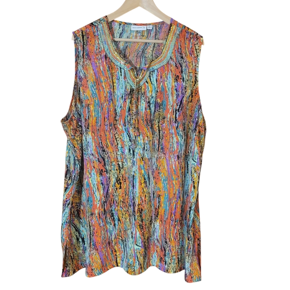 Susan Graver Plus Size Women Sleeveless Top Beaded Colorful Summer Restort Wear